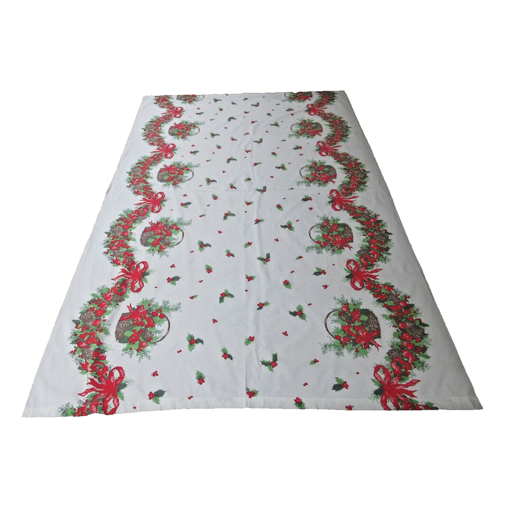 VTG Cloth Christmas Tablecloth Basket Bows Garland Holly Berries 80.5" x 50.5"